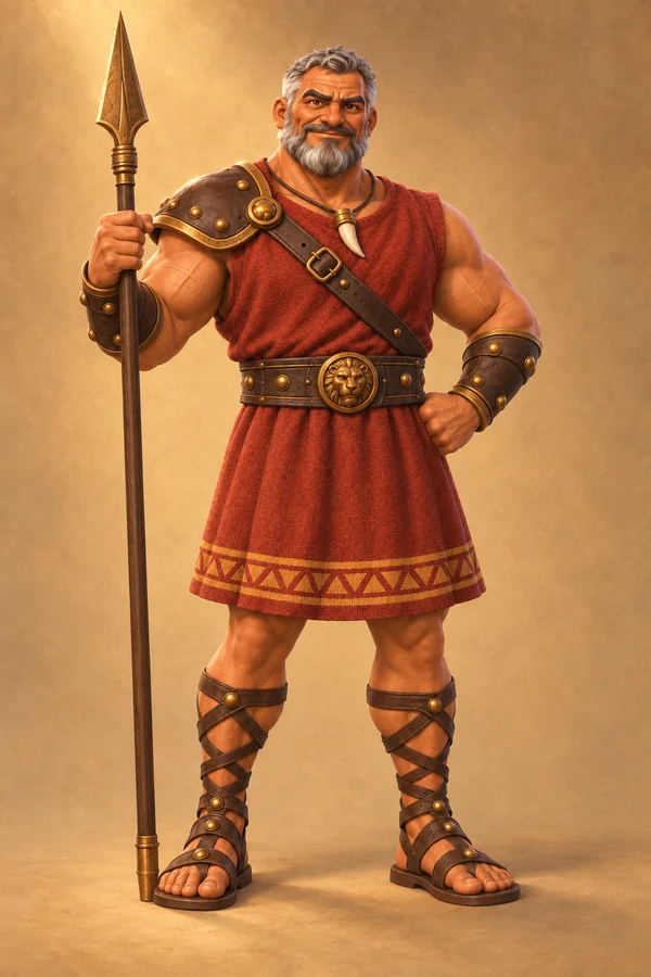 Caleb in red armor carrying his sword and shield